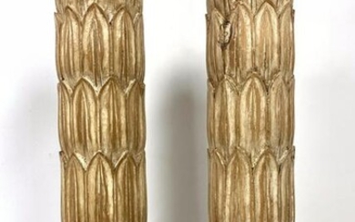 Pr Modernist Wood Foliate Column Table Lamps. Marble b