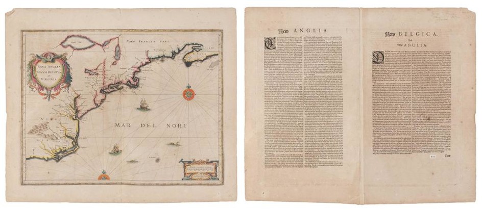 RARE EARLY MAP OF NORTH AMERICA "NOVA ANGLIA NOVUM BELGIUM ET VIRGINIA" BY JOHANNES JANSSONIUS 19" x 22.75". Unframed.