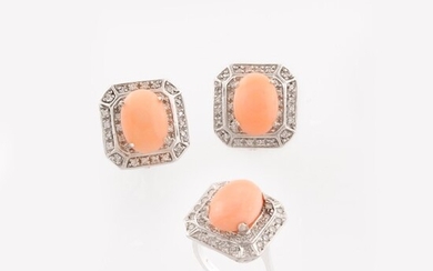 RING AND PAIR OF CORAL, DIAMOND AND GOLD EARRINGS