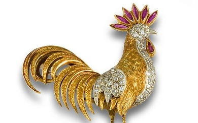 ROOSTER BROOCH GOLD DIAMONDS RUBIES