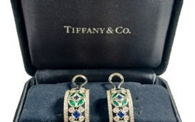 Rare Tiffany & Co Special Order Edwardian Jazz Collection Diamond Sapphire Emerald Platinum Earrings