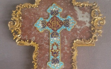 Rare holy water font with ornate gilt brass frame, brass & enamel cross on marble background. H 9" w