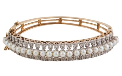 Retro Style 14K Gold Pearl Diamond Bangle Bracelet