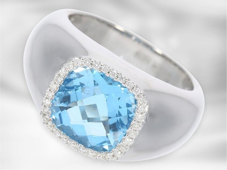 Ring: new white-golden topaz ring with diamonds, 18K...