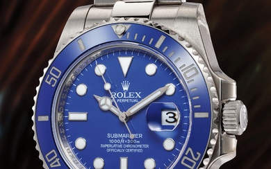 Rolex, Ref. 116619LB A stickered and very attractive white gold diver's wristwatch with center seconds, date, blue ceramic revolving bezel, bracelet, guarantee and presentation box