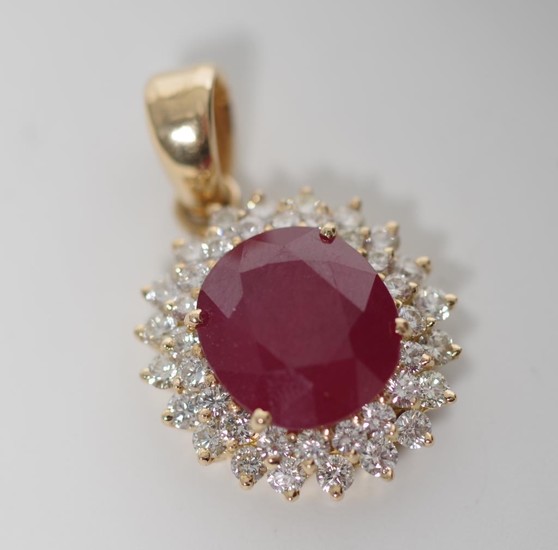 Ruby, diamond and 18ct yellow gold cluster pendant , approx ...