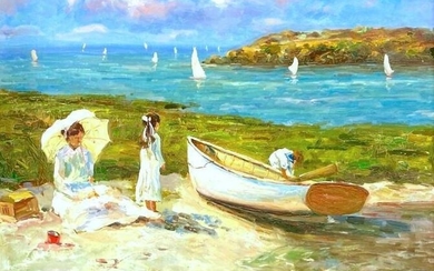 S. Hime Oil, Mother and Children at The Shore