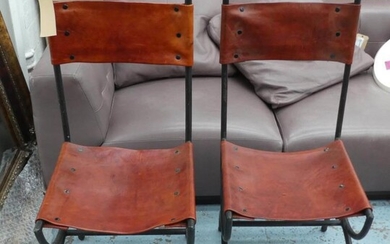 SIDE CHAIRS, a pair, Spanish style, leather seats, 107cm...