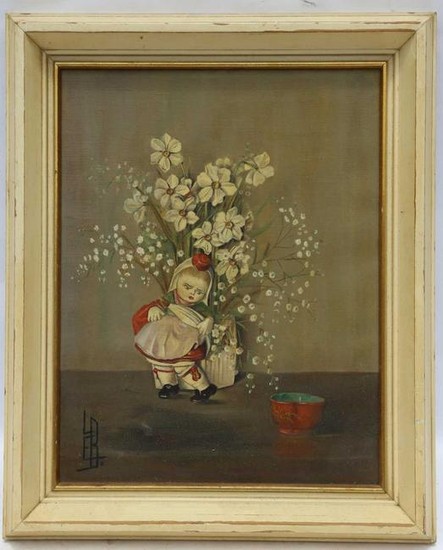 STILL LIFE OF DOLL BY FLOWERS IN VASE SIGNED L.E.B