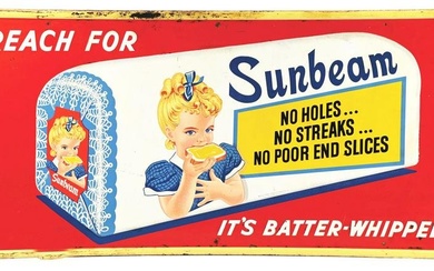 SUNBEAM "IT'S BATTERED WHIPPED" SELF-FRAMED TIN SIGN W/ LOAF GRAPHIC.