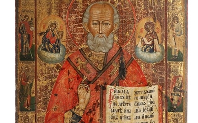 Saint Nicholas, at the edges two archangels and four saints. An 18th-19th century Russian icon. Tempera on wood. 39×32 cm.