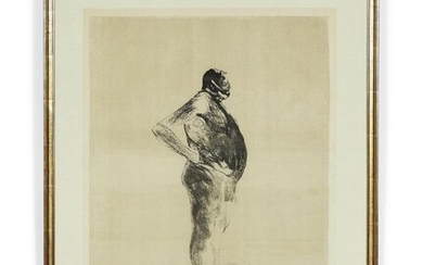 Sam SZAFRAN (1934 - 2019) Homme nu de profil ou personnage debout - 1967 Lithographie en noir sur fond beige, imprimée sur Japon