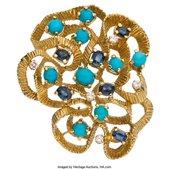 Sapphire, Diamond, Turquoise, Gold Pendant-Brooch The pendant-brooch features oval-shaped...