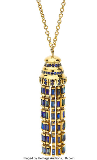 Sapphire, Gold Necklace, Reign The tassel pendant features round...