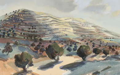 Sarah Chalmers, British b. 1957 - Terraced Hill, Spain; oil on canvas,...