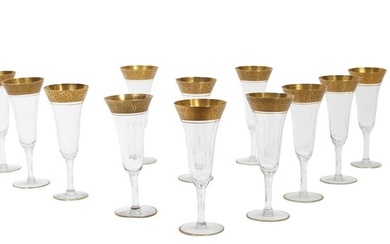 Set of Twelve French St. Louis Style Champagne Glasses, 20th c., with floral acid etched gilt rims