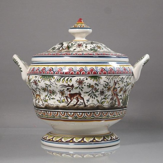 Signed Hand Painted Porcelain Tureen w/ Cover, Portugal