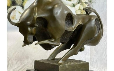 Signed Surrealist Charging Bull Bronze Sculpture