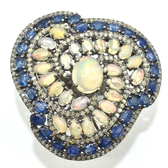 Silver Diamond Blue Sapphire Opal Ring