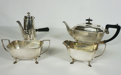 Silver Plate 4 Piece Tea and Coffee Service comprising of Tea Pot, Coffee Pot with wooden handle