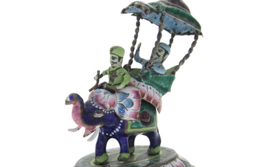 Silver and Enamel Elephant with Riders Oriental Figurine.