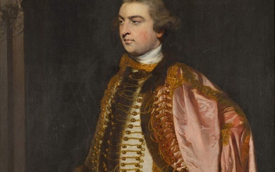 Sir Joshua Reynolds P.R.A. Portrait of Robert Jones of Fonmon (1738–1793), three-quarter-length, wearing a Hussar’s uniform, holding a cap, a colonnade to the left