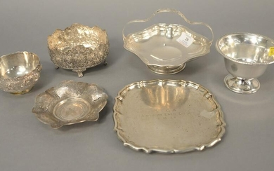 Six-piece silver lot to include dishes, small basket