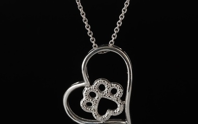 Sterling Diamond Paw Print and Heart Pendant Necklace