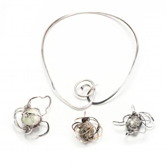 Sterling Silver Choker and Three Silver and Stone Pendants