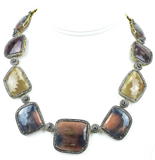 Sterling Silver Diamond Sapphire & Agate Necklace