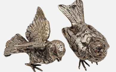 Sterling Silver Pair of Bird Pheasant Figurine with Ruby Red Eyes Salt Shaker