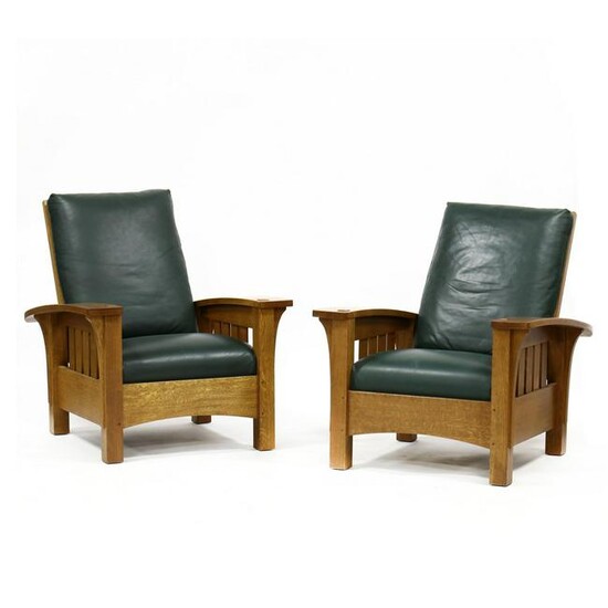 Stickley, Pair of Contemporary Oak and Leather Morris