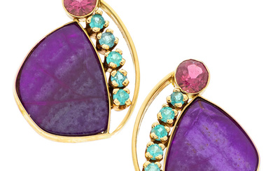 Sugilite, Tourmaline, Gold Earrings Stones: Pink and blue tourmaline...