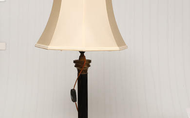TABLE LAMP, WITH SCREEN. brass, the shank is made of black glass. Second quarter of the 20th century.