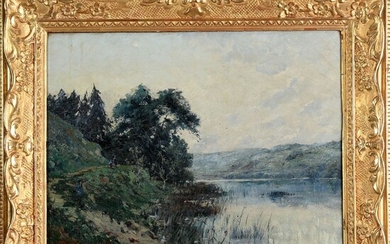 THORNLEY G W. (1857-1935). « Paysage lacustre animé ». Toile signée et encadrée. H.46 L.59....