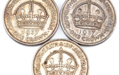 THREE SILVER 1937 CROWNS; total wt. 84.67g.