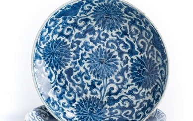 TWO CHINESE BLUE AND WHITE PORCELAIN LARGE DISHES, KANGXI...