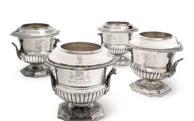 TWO MATCHING PAIRS OF GEORGE III SILVER WINE COOLERS, LINERS, AND COLLARS, WILLIAM FOUNTAIN, LONDON, 1808, 1810