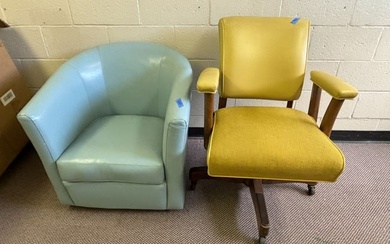 TWO MIDCENTURY MODERN CHAIRS, BLUE LEATHER SWIVEL AND YELLOW OFFICE