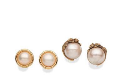 TWO PAIRS OF MABE PEARL AND GOLD EARRINGS