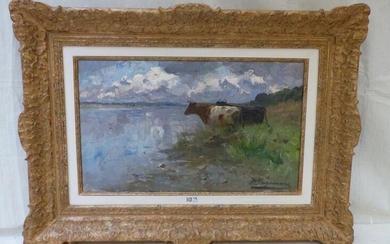 Table "Cows at the water's edge". Signed Mr. Hagemans. Size:...