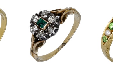 Three antique gem-set rings, comprising a ruby and diamond ring, an emerald...