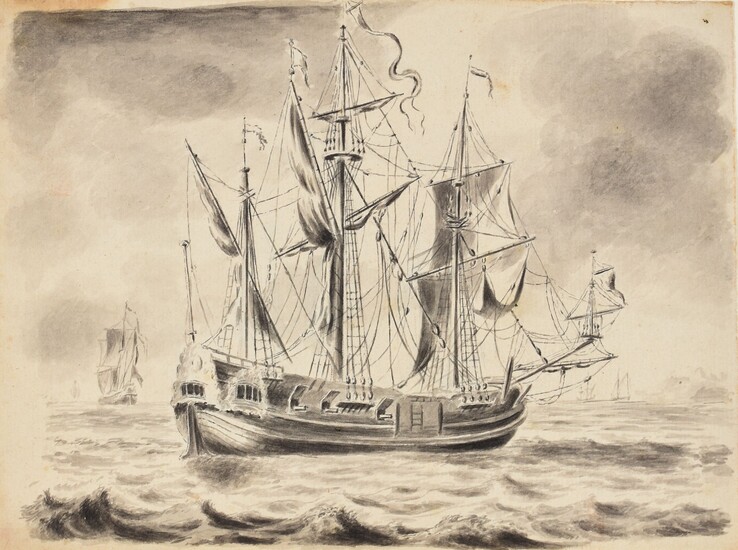 Three mast sailing vessel. Ca. 1780-1800 Drawing, pen black ink, grey and black wash, 16,7...