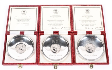 Three sterling silver limited edition commemorative crown dishes