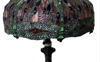 Tiffany Style Dragonfly Parlor Lamp w/ Glass Paneled Shade - 29"T - 17.5"Shade