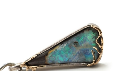 SOLD. Toftegaard: Unique opal pendant set with polished opal, mounted in sterling silver and 14k...