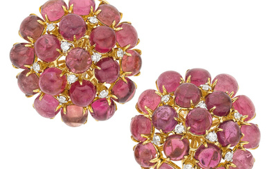 Tourmaline, Diamond, Gold Earrings Stones: Tourmaline cabochons; full-cut diamonds...