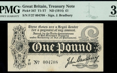 Treasury Series, John Bradbury, first issue £1, ND (7 August 1914), serial number F/27 004708,...