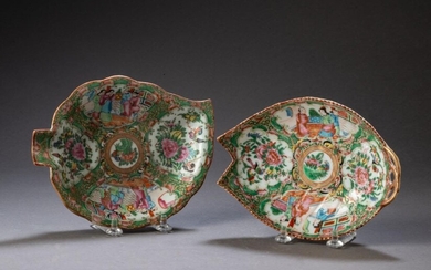 Two Chinese Export Rose Medallion Leaf Dishes.
