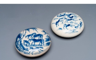Two Chinese blue and white seal paste boxes and covers, Kang...